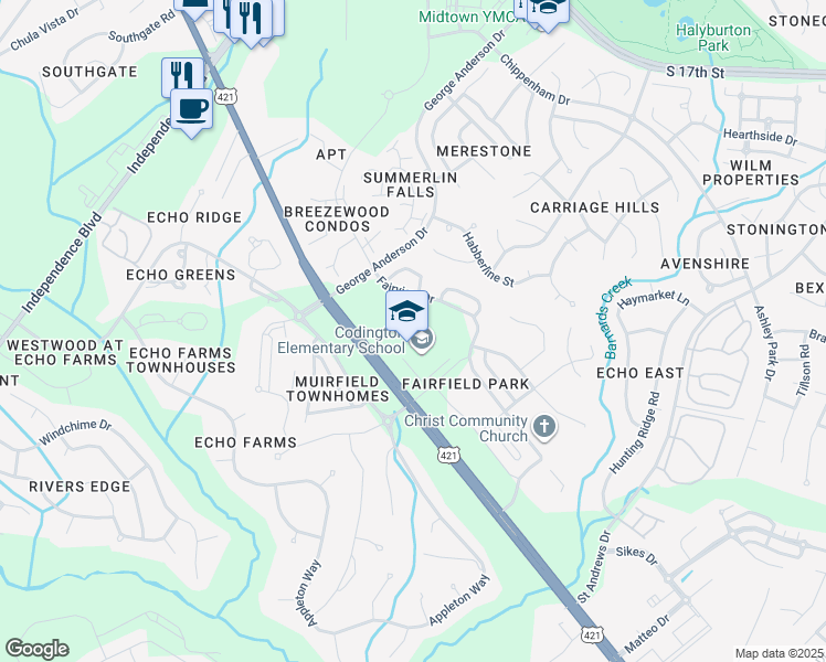 map of restaurants, bars, coffee shops, grocery stores, and more near 4321 Carolina Beach Road in Wilmington