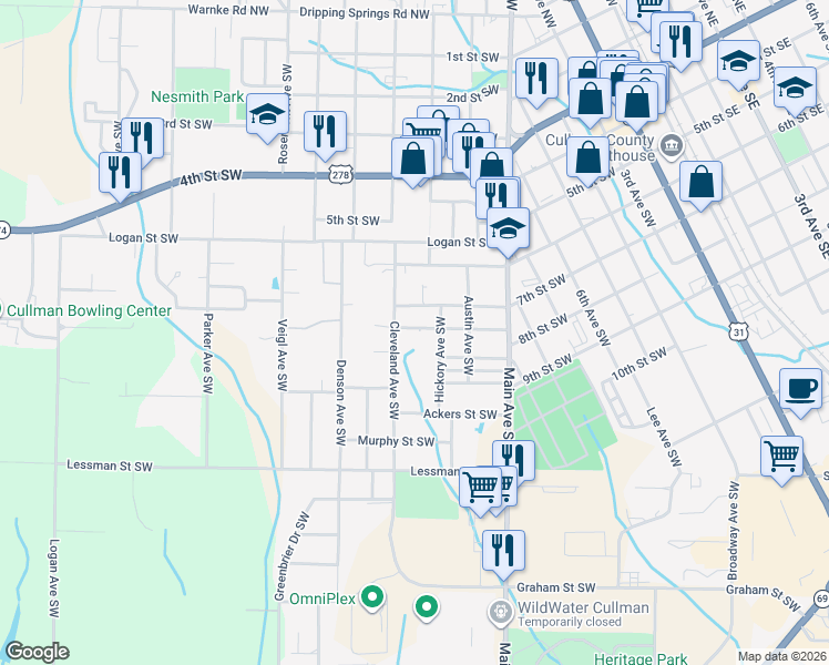 map of restaurants, bars, coffee shops, grocery stores, and more near 1212 Interbitzen Street Southwest in Cullman