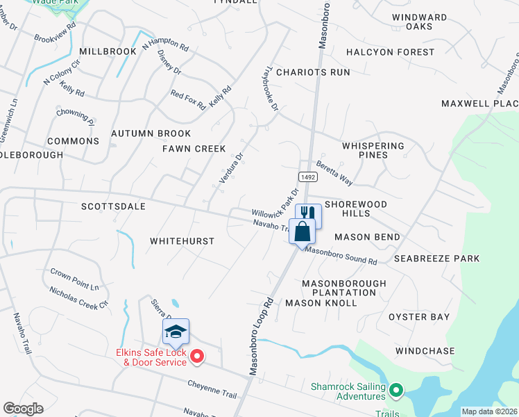 map of restaurants, bars, coffee shops, grocery stores, and more near 3924 Willowick Park Drive in Wilmington