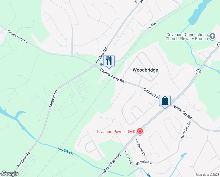 map of restaurants, bars, coffee shops, grocery stores, and more near 6157 Gaines Ferry Road in Flowery Branch