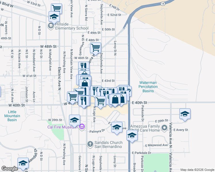 map of restaurants, bars, coffee shops, grocery stores, and more near 224 East 42nd Street in San Bernardino