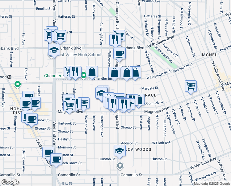 map of restaurants, bars, coffee shops, grocery stores, and more near 5313 Cahuenga Boulevard in Los Angeles