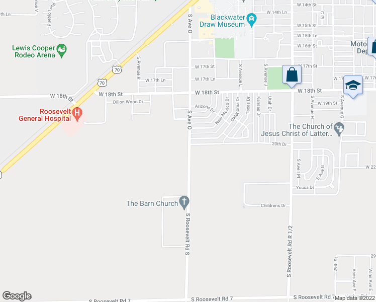 map of restaurants, bars, coffee shops, grocery stores, and more near 600 South Roosevelt Road South in Portales