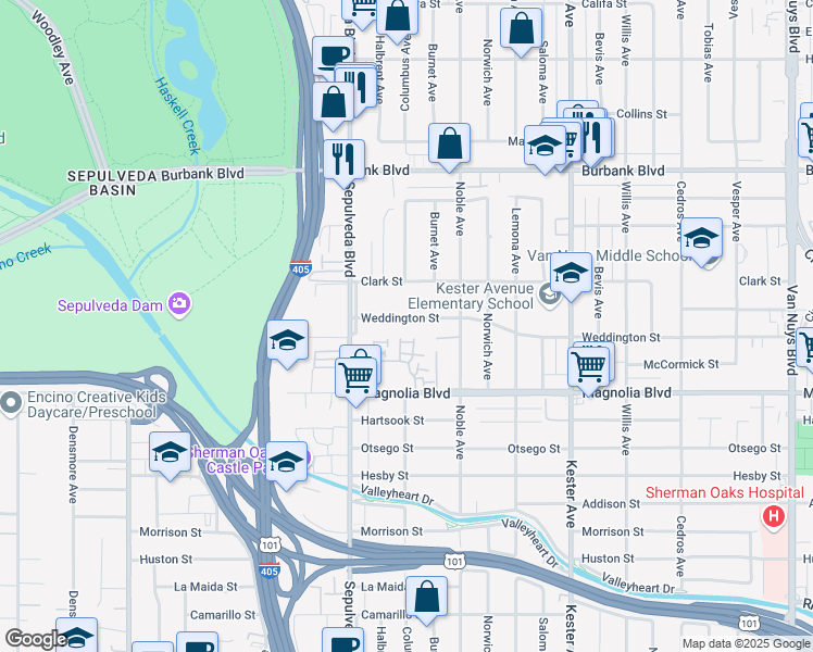 map of restaurants, bars, coffee shops, grocery stores, and more near 15162 Weddington Street in Los Angeles