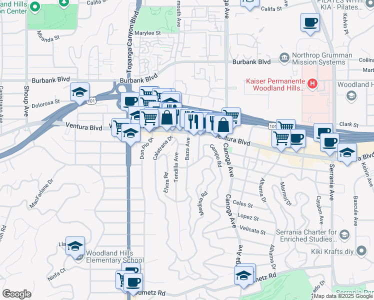 map of restaurants, bars, coffee shops, grocery stores, and more near 5344 Baza Avenue in Los Angeles