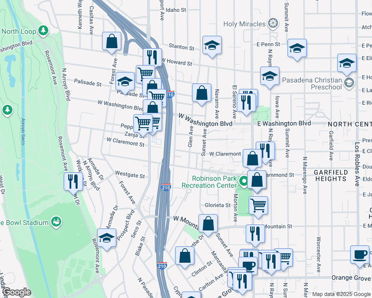 map of restaurants, bars, coffee shops, grocery stores, and more near 267 West Claremont Street in Pasadena