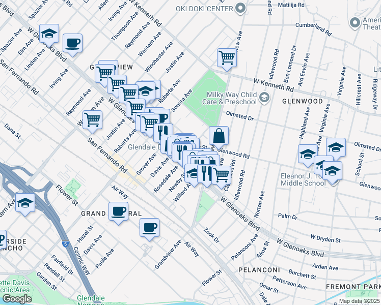 map of restaurants, bars, coffee shops, grocery stores, and more near 1120 Rosedale Avenue in Glendale