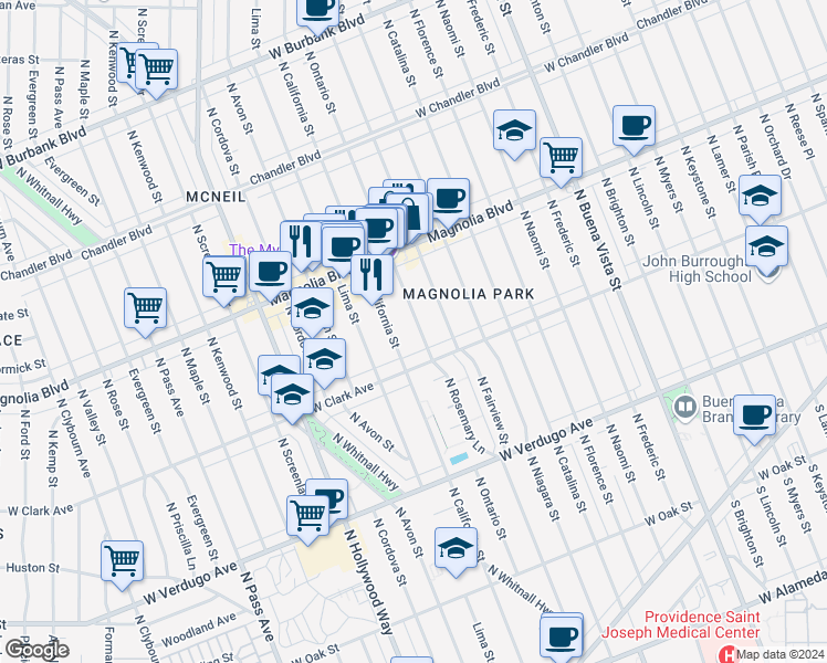 map of restaurants, bars, coffee shops, grocery stores, and more near 729 North Ontario Street in Burbank