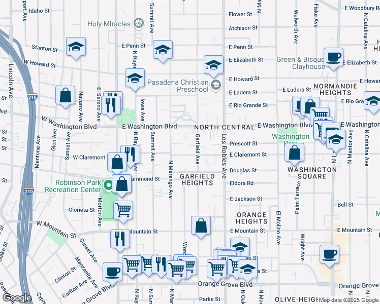 map of restaurants, bars, coffee shops, grocery stores, and more near 297 East Claremont Street in Pasadena