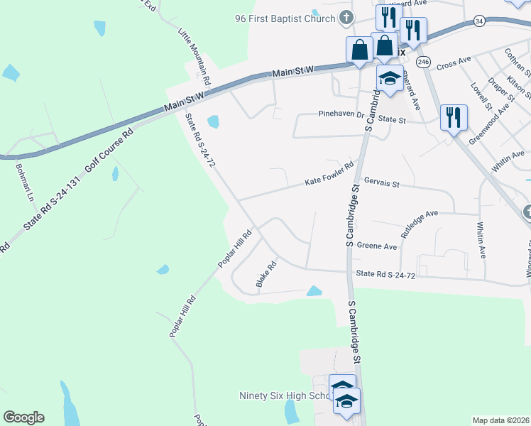 map of restaurants, bars, coffee shops, grocery stores, and more near 110 Dogwood Drive in Ninety Six