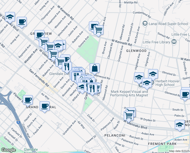 map of restaurants, bars, coffee shops, grocery stores, and more near 1259 Bruce Avenue in Glendale