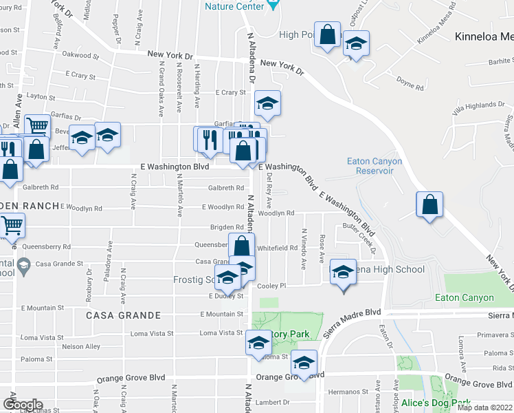 map of restaurants, bars, coffee shops, grocery stores, and more near 1210 North Altadena Drive in Pasadena
