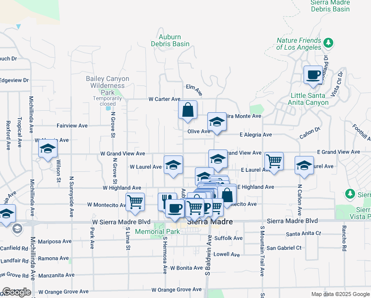 map of restaurants, bars, coffee shops, grocery stores, and more near 99 East Grand View Avenue in Sierra Madre