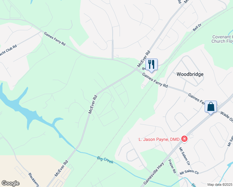 map of restaurants, bars, coffee shops, grocery stores, and more near 6650 Corryton Street in Flowery Branch
