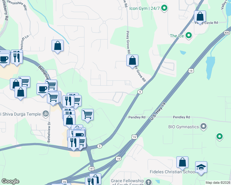map of restaurants, bars, coffee shops, grocery stores, and more near 2033 Lexington Lane in Cumming