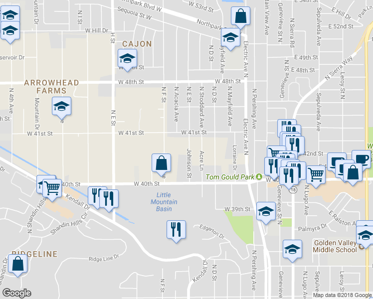map of restaurants, bars, coffee shops, grocery stores, and more near 4050 Johnson Street in San Bernardino County