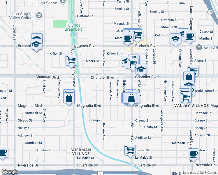 map of restaurants, bars, coffee shops, grocery stores, and more near 5313 Teesdale Avenue in Los Angeles