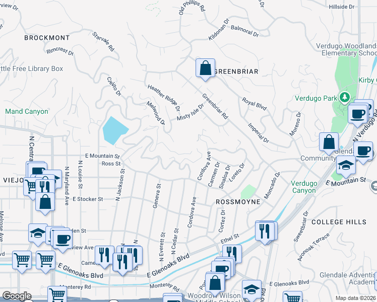 map of restaurants, bars, coffee shops, grocery stores, and more near 881 Harrington Road in Glendale