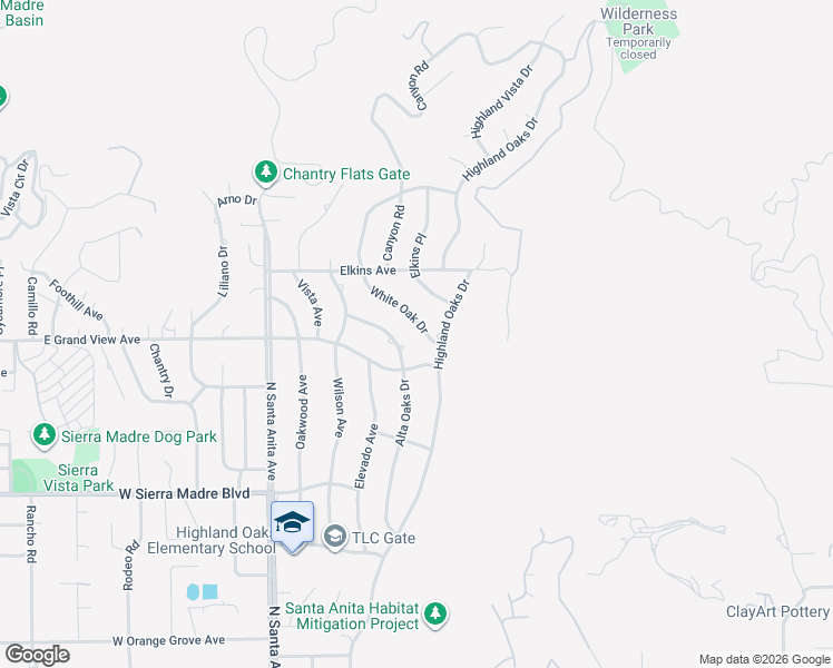 map of restaurants, bars, coffee shops, grocery stores, and more near 182 White Oak Drive in Arcadia