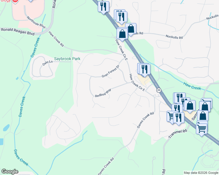 map of restaurants, bars, coffee shops, grocery stores, and more near 1470 Redbud Way in Cumming