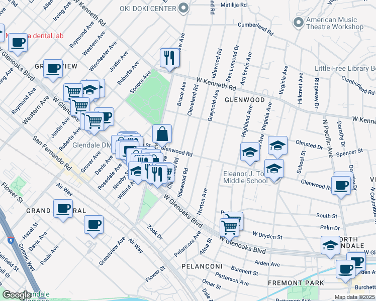 map of restaurants, bars, coffee shops, grocery stores, and more near 1107 Glenwood Road in Glendale