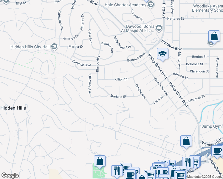 map of restaurants, bars, coffee shops, grocery stores, and more near 24108 Albers Street in Los Angeles