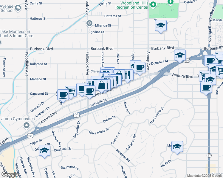 map of restaurants, bars, coffee shops, grocery stores, and more near 22634 Ventura Boulevard in Los Angeles