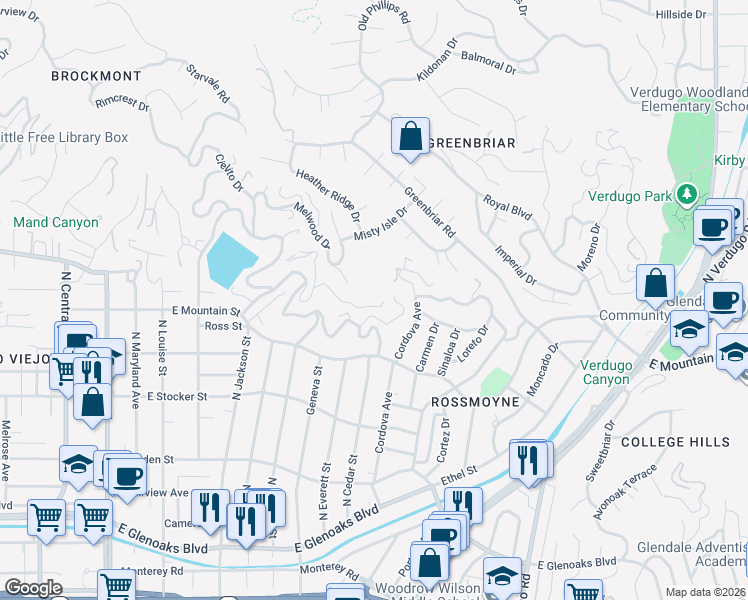map of restaurants, bars, coffee shops, grocery stores, and more near 881 Harrington Road in Glendale