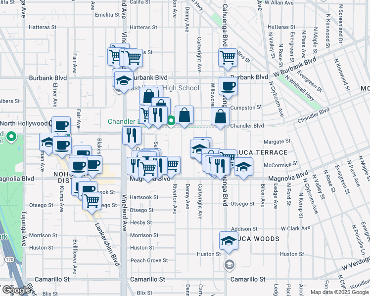 map of restaurants, bars, coffee shops, grocery stores, and more near 5314 Riverton Avenue in Los Angeles