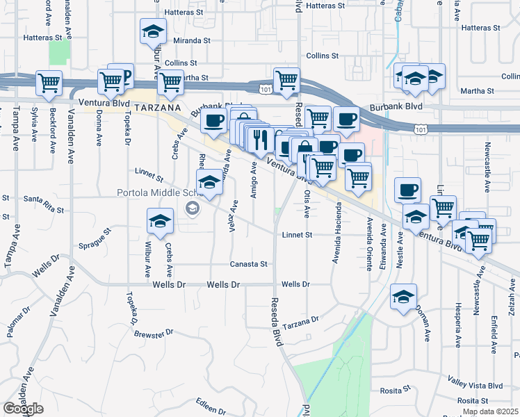 map of restaurants, bars, coffee shops, grocery stores, and more near 5330 Amigo Avenue in Los Angeles