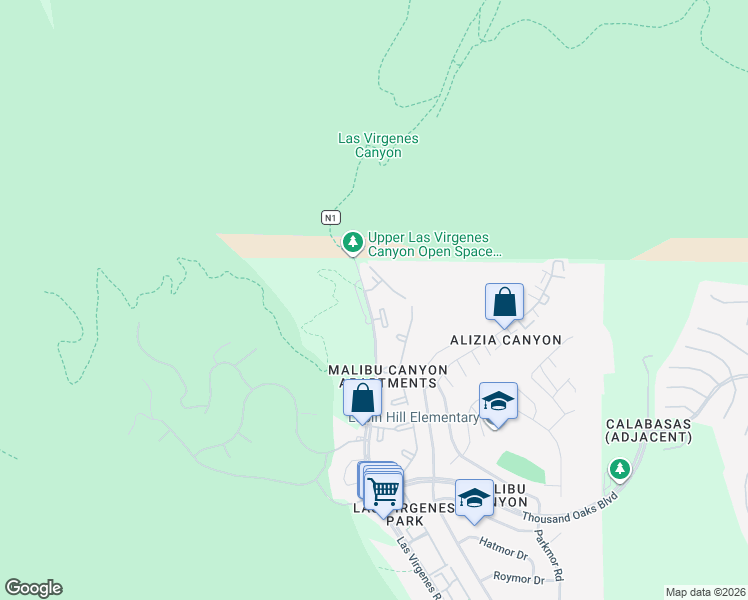 map of restaurants, bars, coffee shops, grocery stores, and more near 5956 Las Virgenes Road in Calabasas