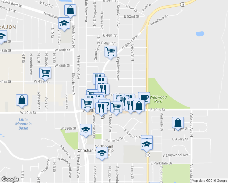 map of restaurants, bars, coffee shops, grocery stores, and more near 4202 Sepulveda Avenue in San Bernardino