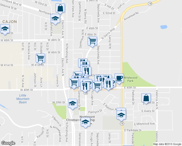 map of restaurants, bars, coffee shops, grocery stores, and more near 4202 Sepulveda Avenue in San Bernardino