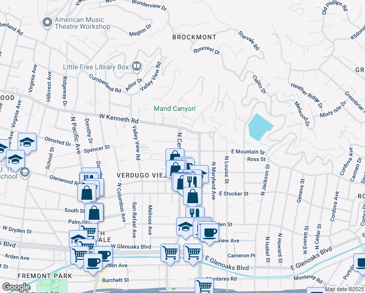map of restaurants, bars, coffee shops, grocery stores, and more near 1405 North Central Avenue in Glendale