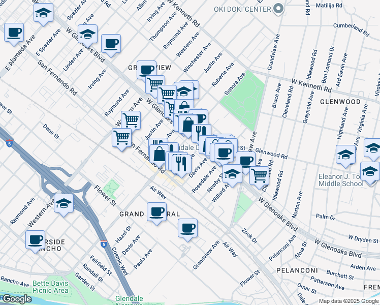 map of restaurants, bars, coffee shops, grocery stores, and more near 1069 Grover Avenue in Glendale
