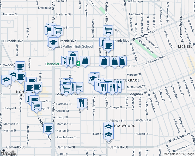 map of restaurants, bars, coffee shops, grocery stores, and more near 5309 Cartwright Avenue in Los Angeles