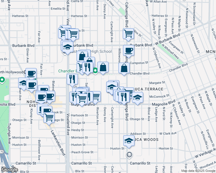 map of restaurants, bars, coffee shops, grocery stores, and more near 5314 Riverton Avenue in Los Angeles