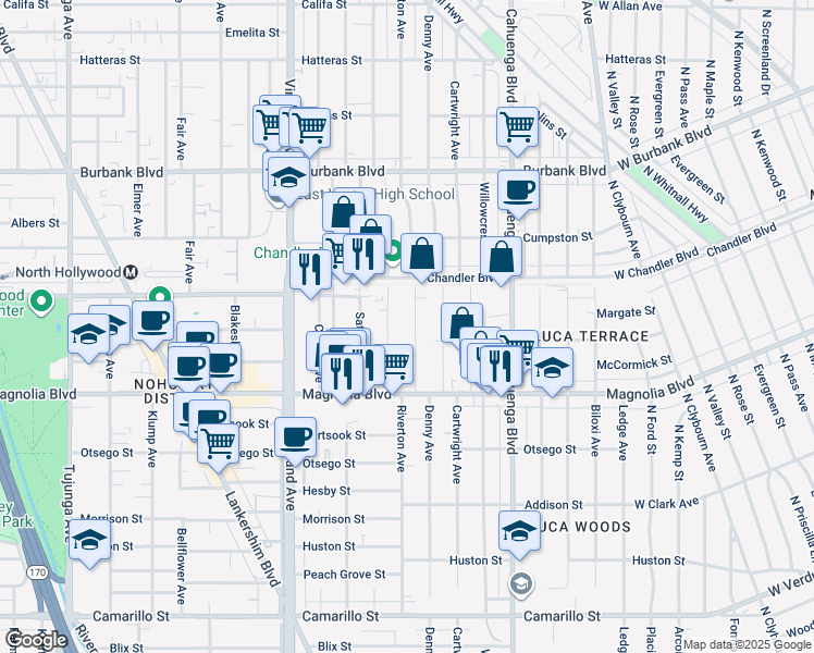 map of restaurants, bars, coffee shops, grocery stores, and more near 5314 Riverton Avenue in Los Angeles