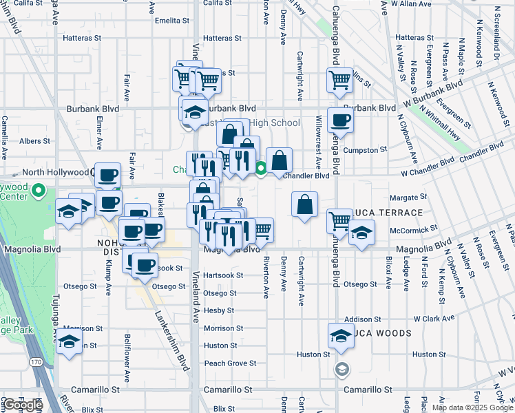 map of restaurants, bars, coffee shops, grocery stores, and more near 5308 Harmony Avenue in Los Angeles