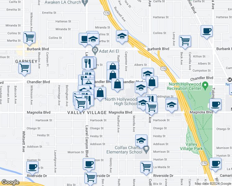 map of restaurants, bars, coffee shops, grocery stores, and more near in Los Angeles