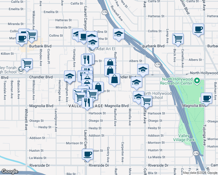 map of restaurants, bars, coffee shops, grocery stores, and more near 11941 Weddington Street in Los Angeles