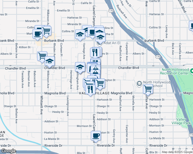 map of restaurants, bars, coffee shops, grocery stores, and more near 5304 Laurel Canyon Boulevard in Los Angeles