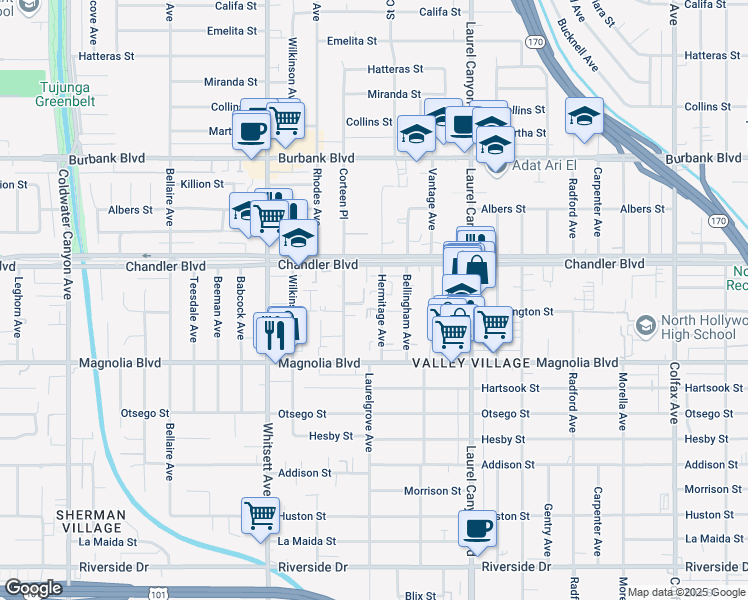 map of restaurants, bars, coffee shops, grocery stores, and more near 5303 Hermitage Avenue in Los Angeles