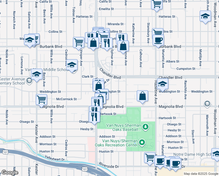map of restaurants, bars, coffee shops, grocery stores, and more near 14423 Weddington Street in Los Angeles