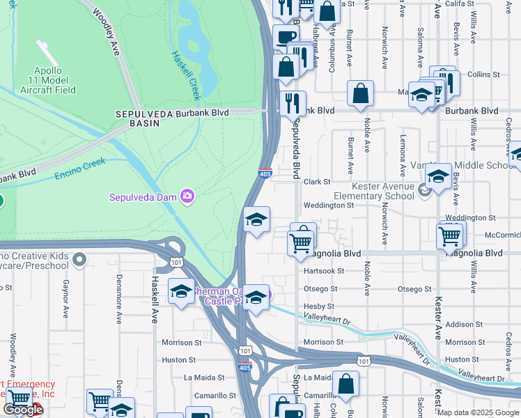 map of restaurants, bars, coffee shops, grocery stores, and more near 15353 Weddington Street in Los Angeles
