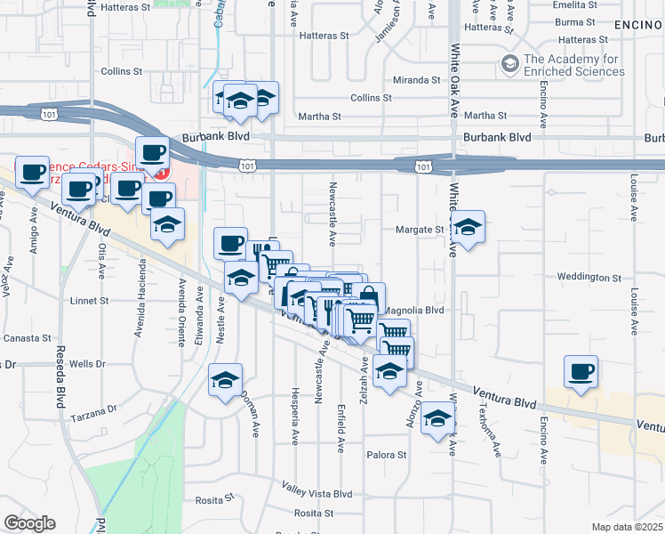 map of restaurants, bars, coffee shops, grocery stores, and more near 5300 Newcastle Avenue in Los Angeles