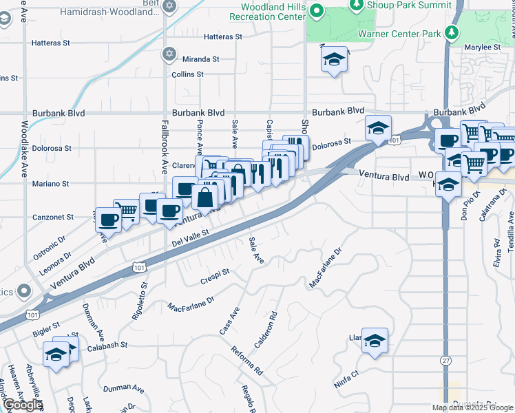 map of restaurants, bars, coffee shops, grocery stores, and more near 22515 Del Valle Street in Los Angeles