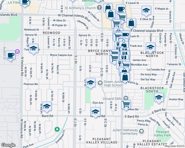 map of restaurants, bars, coffee shops, grocery stores, and more near 501 Willow Street in Oxnard