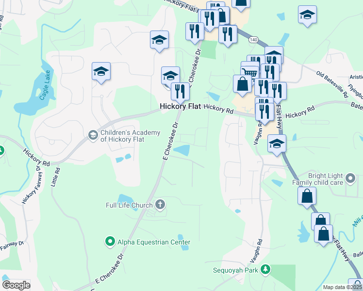 map of restaurants, bars, coffee shops, grocery stores, and more near 225 Windsor Park Drive in Woodstock