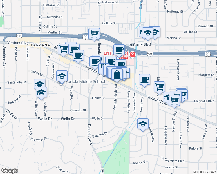 map of restaurants, bars, coffee shops, grocery stores, and more near 18434 Sunny Lane in Los Angeles